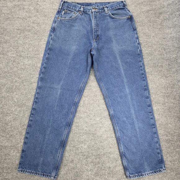 Carhartt Jeans Mens 36x32 Blue Flannel Lined Relaxed Fit B172 DST Denim Workwear - Picture 1 of 16